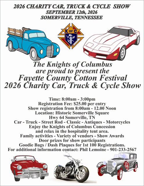 Fayette County Cotton Festival’s 2026 Charity Car, Truck, and Cycle